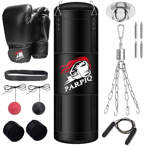 Mamxwaga Saco de Boxeo Colgante de Cuero PU 120 cm para Adultos | Incluye Guantes de Boxeo, Muñequeras, Cuerda de Saltar y Pelota de Reacción | Ideal para MMA, Kickboxing y Muay Thai