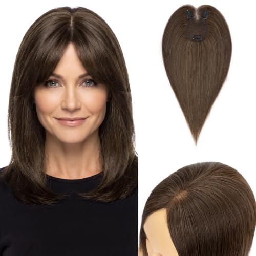 MY-LADY Real Human Hair Topper Handgenäht Dunkel Braun 40g 35cm | Natürlich Unsichtbare 8x11,5cm Lace-Basis, handgeknüpft, Leicht & Atmungsaktiv, mit 3 Clips. Für Dünner Werdendes