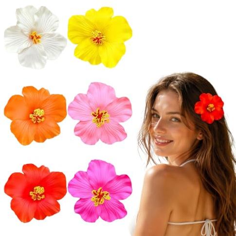 GLAMOREAL Lot De 6 Pinces À Cheveux Hawaïennes Avec Fleurs D'Hibiscus Et Plumeria, 8,9 Cm De Long, Pinces À Cheveux Artificielles Bohèmes, Accessoires De Cheveux Mignons Pour Femmes