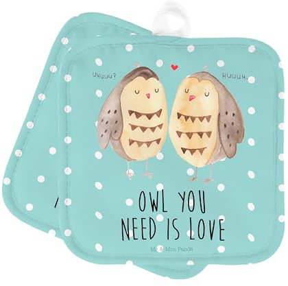 Mr. & Mrs. Panda 2er Set Topflappen Eulen Liebe - Geschenk, Hochzeit Spruch, glücklich, Topfuntersetzer, Topflappen Set, Ofenhandschuh, Topflappen