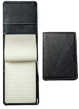 DELMON VARONE - Personalisierbares Notizblock Etui DIN A6 aus Premium Leder Soft Grain schwarz, Reporterblock im Hardcover Ledereinband mit Stiftschlaufe, Einschubfach und blanko Block liniert