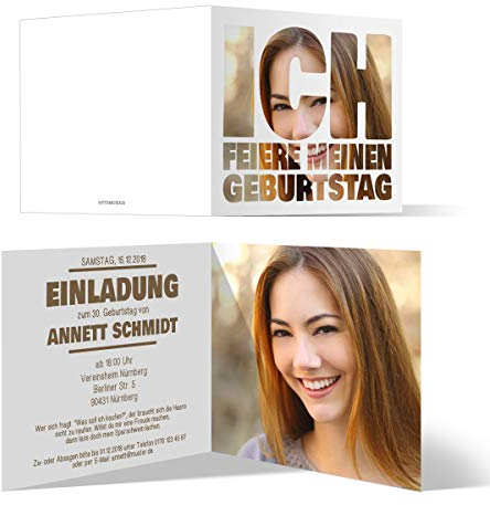 Personalisierte Geburtstag Einladungen selbst gestalten Einladungskarten individuelles Foto und Text 10 bis 100 Stück - Fotoschrift Klappkarten 300g/qm, 148x148mm, Umschläge optional