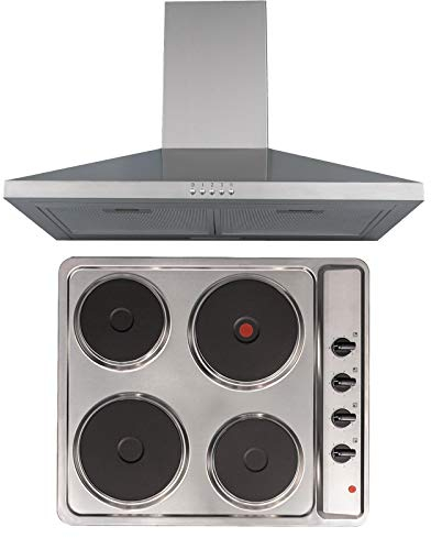 SIA 60cm Stainless Steel 4 Zone Solid Plate Electric Hob & Chimney Cooker Hood