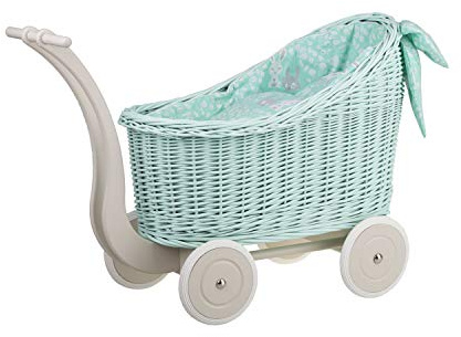 e-wicker24 Alles aus Weide Puppenwagen aus Weide mit Bettwäsche perfekte Geschenkidee Korbpuppenwagen schöner Spielzeug aus Korbgeflecht Korbwagen für Puppen Spielzeug für Mädchen (Mint)