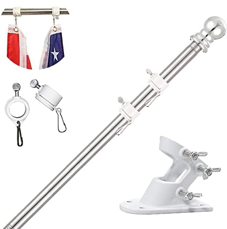 TALITARE Kit de Mât de Drapeau en Aluminium Argent 150cm, avec Support Mât de Drapeau en Acier Inoxydable à Fixe au Mur avec Anneaux Rotatifs/Base Blanche
