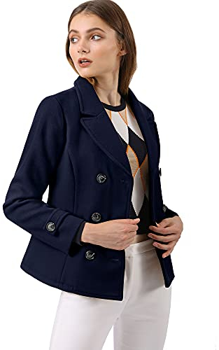 Allegra K Cappotti eleganti da donna con risvolto dentellato doppio petto corto pisello cappotto, Blu scuro, S
