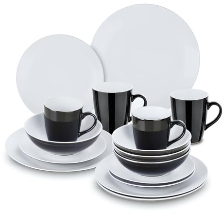 vancasso serie Lento Vajillas Completas Modernas de 16 piezas para 4 Personas, Plato Llano, Plato de Postre, Cuenco y Taza, Redonda Mate Blanco Ceramica