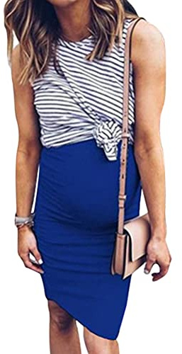 shownicer Femmes Enceintes VêTements De Maternité Manches Courtes Robe Moulante Sexy Solide Ajusté Et Robe Grossesse Ete Bleu XL