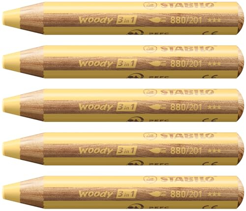 STABILO woody 3-in-1 - Multi-Talented Pencil | Pack of 5 - Pastel Yellow