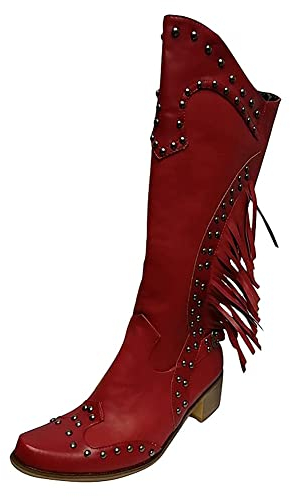 HOTRA Stivali Texani Donna con Frange Scarpe con Tacchi Quadrati All'aperto Tacco Grosso Scarpe da Cavaliere (Color : Rosso, Size : 36 EU)