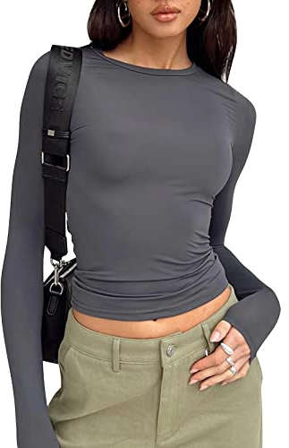Sfit Langarmshirt Damen Basic Slim Fit Y2K Top Enges Langarm Oberteil Long Sleeve Shirt Rundhals Cropped Tee Einfarbig Dehnbar Aesthetic Shirts Teenager(Dunkelgrau,S)