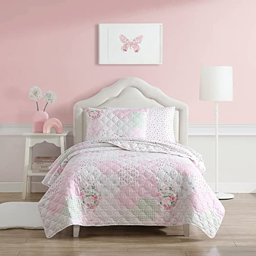 Laura Ashley Kids - Twin Quilt Set, Reversible Brushed Microfiber Bedding with Matching Pillowcase, Medium Weight Kids Quilt, Patchwork Floral Design (Ellyn Pink)