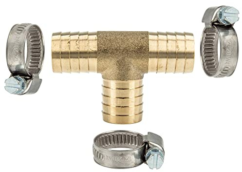 tecuro Schlauchverbinder T-Stück 3/4 Zoll (19 mm), MS-blank, mit 3 x Schlauchschellen W4 16-25 mm