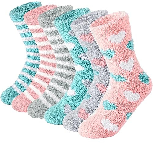 YANGTE Fluffy Socks Womens 4-7,6 Pairs Ladies Bed Socks Cosy Fuzzy Diabetic Socks Winter Warm Comfy Girls Socks Christmas Gifts for Women and Mum