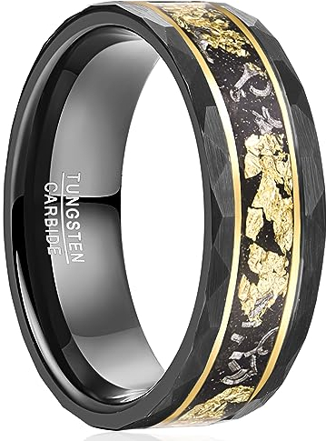 NUNCAD Wolfram Ring Schwarz 8mm Eheringe Herren mit Goldfolie und Meteorit Gehämmerter Männerring mit Doppelt Goldenen Linien Größe 62(19.7)
