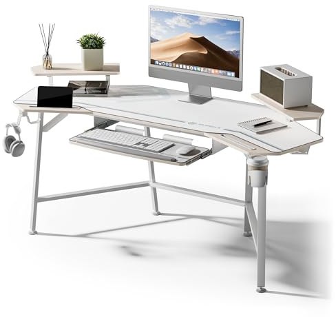 EUREKA ERGONOMIC Bureau Gaming LED 182x76cm Bureau Gamer Professionnel en Fome Aile Bureau d’Ordinateur Informatique avec Plateau de Clavier, Étagère de Moniteur