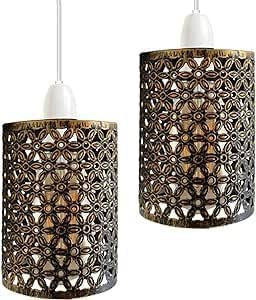 Gleichspannung, 2er-Pack Lampenschirme für Pendelleuchten, trommelförmiger Lampenschirm aus Metall, industriell, einfach anzubringen, für die Decke im Innenbereich (Brushed Brass - s2)