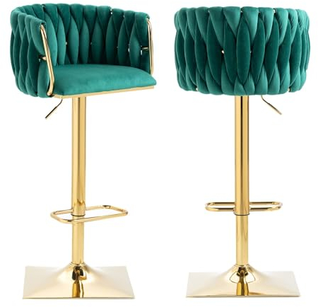 AUKWIK 2er Set Barhocker höhenverstellbar, Schminktisch Hocker drehbar aus Samt, Gepolsterter Drehstuhl Esszimmer, Küchenstühle mit Rückenlehne, Grün
