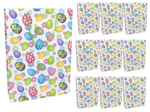 Idena 30389-10 - Geschenktüten, 10 Stück, Geschenktaschen in der Größe 18 x 8 x 23 cm, Papiertüten mit bunten Ostereiern und Blumen