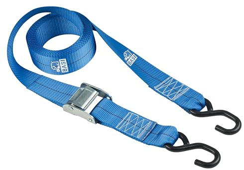 BASI | 2er Set Spanngurte mit Klemmschloss und S-Haken | bis 125 KG | Zurrgurte in blau | Länge 200 cm x Breite 2,5 cm | Befestigungsriemen | TÜV geprüft | Expander mit Schnappverschluss | 2 Stück