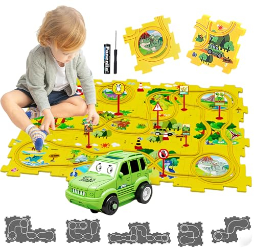Auto Spielzeug Autorennbahn Spielzeugauto 12pcs DIY-Puzzlebahn für Kinderspielzeug DIY-Route Cars Spielzeug Geschenkspiele für Kinder Spielzeug ab 2 3 4 5 6 Jahren (Dinosaurier)