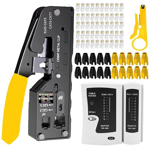 MAYLINE CAT5 CAT6 Testeur de RJ45 Pince à Sertir de Network Réseau Cable Kit d'outils de Réparation d'Ordinateur CAT7 Sertissage Outillage Professional Maintenance de Testeur de Câble LAN (Jaune)