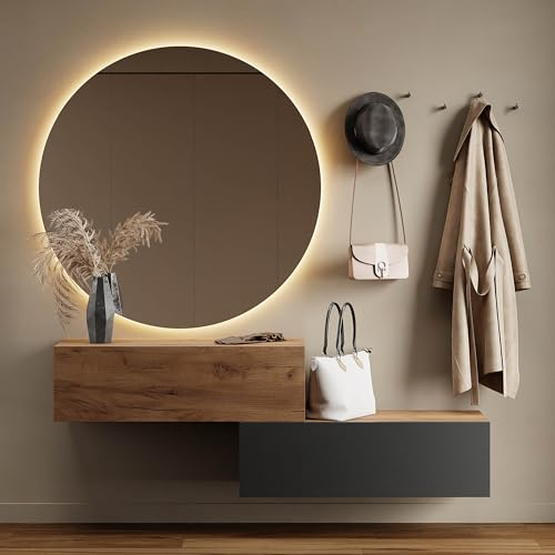 Planetmöbel Flurgarderobe 2X 100 cm inkl. Spiegel rund mit Beleuchtung 100 cm, Gold Eiche - Anthrazit/Gold Eiche, Flur Möbel mit Spiegel, 2X 37,8T x 100B x 32,5H cm