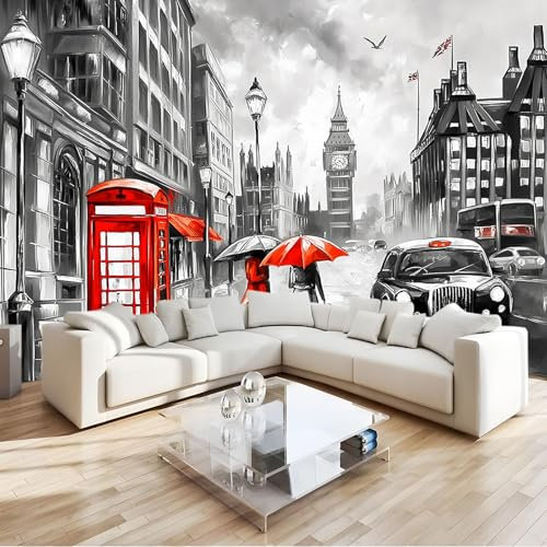 Fototapete London Street View Telefonzelle 3D Effekt 150 x 105 cm - Fototapete Schlafzimmer Wohnzimmer Moderne Vliestapete XXL Wandtapete Motivtapeten 3d Effekt Dekoration - Ölgemälde Stil