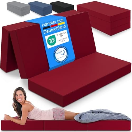 ELONEO Klappmatratze, Gästematratze, 3-teilige Faltmatratze, Schaumstoff extra dick (15cm), waschbar, Bandscheibenwürfel, klappbar, Faltbare Matratze, Erwachsene (Rot, 160 x 195 x 15 cm)