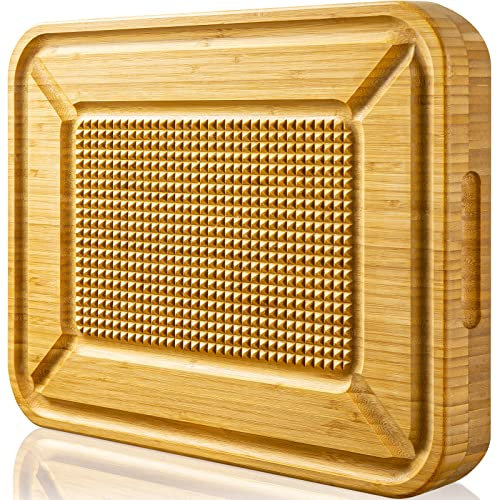 Turkey Carving Board, Heavy Duty Meat Cutting Board for Thanksgiving Bamboo Wood Butcher Block Brisket Cutting Boards with Juice Groove, Pyramid Spikes Stabilizes Steak or Turkey While Carving
