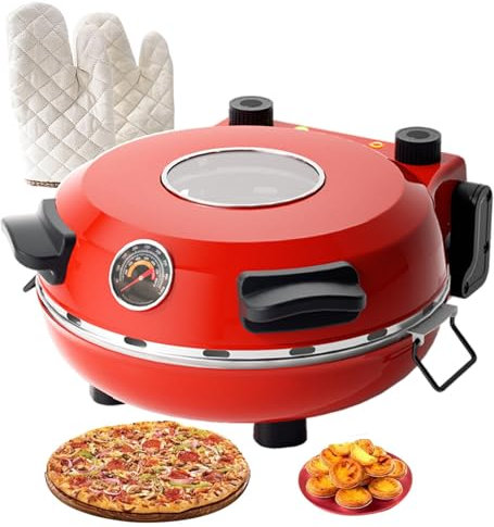 forplubossmmp Horno Eléctrico para Pizza, Máquina para Hacer Pizza con Placa Grande Antiadherente De 12/31Cm, Control De Tiempo De 0 A 15 Minutos, Máquina para Asar Pizza con Piedras(con Termómetro)