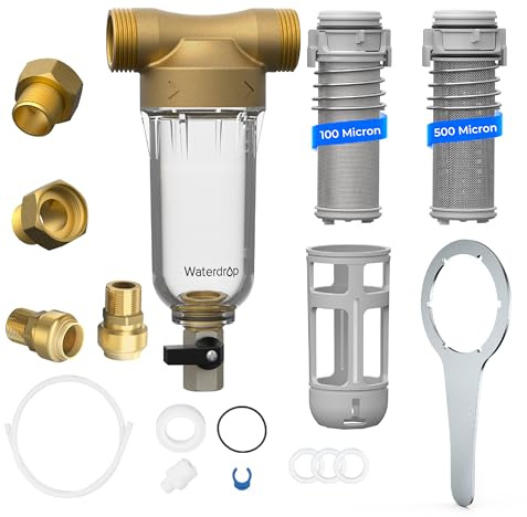 Waterdrop Spin Down Sediment Filter, Backwash Whole House Water Filter System for City/Well Water, 100 Micron+500 Micron, 1 MNPT + 3/4 FNPT + 3/4 MNPT, Traps Sand, BPA Free