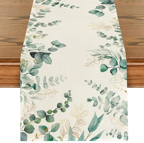 Tischläufer Eukalyptus Grün, Waschbar Eukalyptus Gold Blätter Tischband, Frühling Sommer Küche Dekoration Drinnen Tischdeko für Kommunion, Konfirmation, Hochzeit, Geburtstag, Gartenparty, 40 x 180 cm