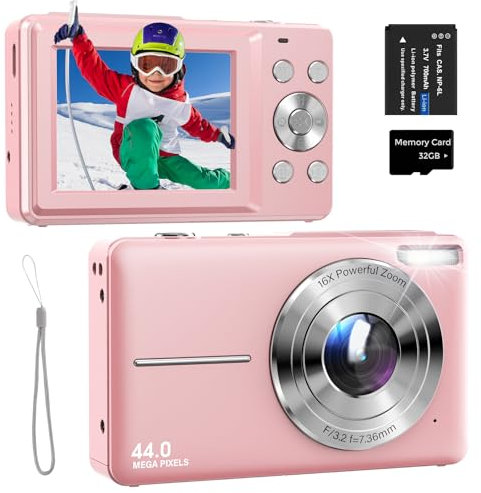 Cámara Digital 44MP 1080P FHD Cámara de Fotos Compacta con Zoom Digital 16X, Pantalla de 2,4 y Tarjeta de 32GB, Una Batería para Adolescentes y Principiantes Rosa