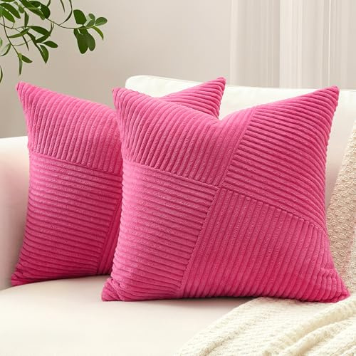 Sungeek 2er Set Cord Kissenbezüge, Windmühle Streifen Muster Kordsamt Kissenbezug Dekokissen Sofakissen Patchwork Design Deko Zierkissenbezüge Kissenhülle für Wohnzimmer (40x40cm, Heißes Rosa)