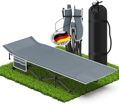 Kidsgiggz Feldbett Klappbar, Campingbett 190x70x35cm, Angelliege Karpfenliege mit Seitentasche und Tragetasche, Faltbett Liege Campingliege Faltbar Leicht für Camping, Reisen, Strand, Garten, Grau