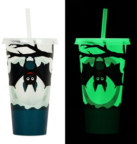 Halloween Decorations Glow in the Dark Halloween Cup,Light Up Cup With Lid and Straw,Luminous Tumbler Boo Horror Pumpkin Bat Ghost Patterns Funny Mug,Plastic Double Walled Cups for Iced Coffee