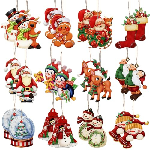 Weihnachtsbaum Anhänger Set, 20 Stück Christbaumschmuck Holz mit Santa, Schneemann, Pinguin, Dekoration für Christbaum, Adventszeit