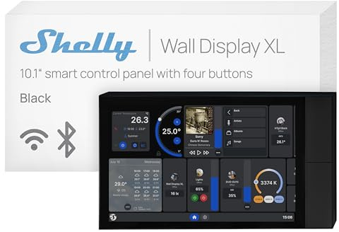 Shelly Wall Display XL svart – WLAN-smart hemkontrollpanel, termostat, integrerat 5A-relä, neutral ledare krävs, LUX-sensor, stereohögtalare, kontrollcentral, Alexa & Google Home