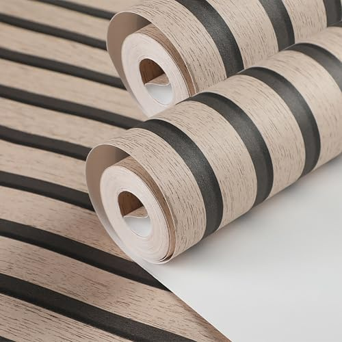 Pamatio Wooden Slats Wallpaper Dark Oak 2 Roll Non-Woven Stylish Natural Wood Grain Effect Wallpaper Roll Wood Stripe Modern Retro Feature Living Room Wall, 53 X 950cm