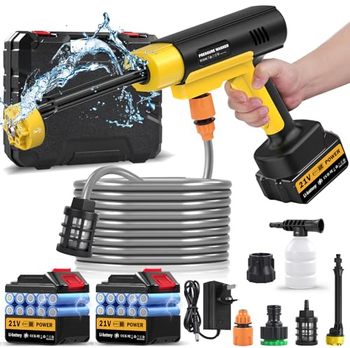Cordless Pressure Washer, 130 Bar Portable Power Washer, Battery High Pressure Washer with 2×3.0Ah Batteries, 6 in 1 Adjustable Nozzl, 5m Hose, Jet Wash for Floor/Garden Cleaning & Watering
