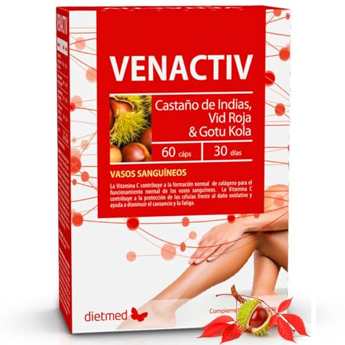 Venactiv con castaño de Indias y vid roja, 60 cápsulas, DietMed | Piernas ligeras - Castaño de Indias - Vid roja y centella - Rusco - Vitamina C