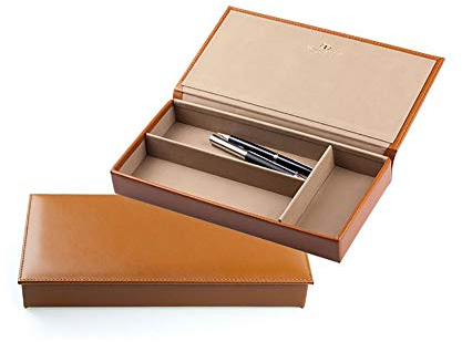 DELMON VARONE - Personalisierbarer Ablagekasten mit Deckel Premium Leder Boxcalf braun, Organizer Box für Kugelschreiber, Füller & Schreibutensilien, Stiftaufbewahrung für Schreibtisch mit 3 Fächer