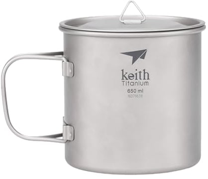 Keith Titanium Single Walled Titanium Mug 650ml, Ti3208, Portable Coffee Travel Mug with Lid & Foldable Handle, Portable Drinkware for Tea & Coffee, Ideal for Camping, Picnic, Backpacking & Trekking