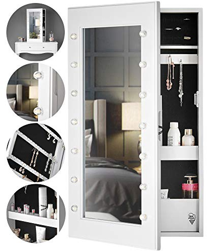 CARME Katie Jewellery Storage Cabinet with Mirror & LED Lights - Wall Mounted & Tabletop Armoire for Bedroom, Vanity & Bathroom -Cosmetics Beauty Organiser with Ring, Necklace & Earring Holder - White