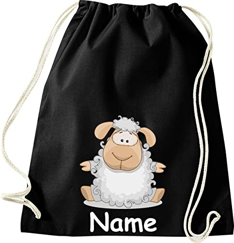 Shirtinstyle Turnbeutel Tiere Schaf Schäfchen mit Wunschnamen, Kinder, Stoffbeutel, Kinderrucksack, Jute, Gymsack, Farbe Schwarz