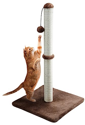 Dimaka 34 Tall Ultimate Cat Scratching Post, Claw Scratcher with Sisal Rope and Covered with Soft Smooth Plush, Vertical Scratch [Full Stretch], Modern Stable Design 34 in Height (Dark Brown V2)