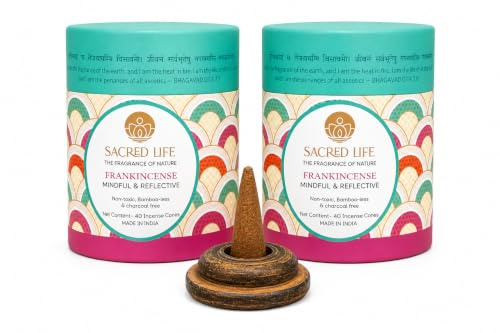 Sacred Life Dry Dhoop Weihrauch, 2 Stück, enthält 80 Räucherkegel, Brenndauer 35 Minuten, raucharmer Dhoop für Pooja, 100 % biologisch und kohlefrei, Aromatherapie, Meditation, Yoga