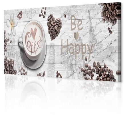 decomonkey Wandbilder Kaffee Küche 135x45 cm 1 Teilig Leinwandbilder Kochen | Strukturleinwand, Holzkeilrahmen, Bild auf Leinwand, Kunstdruck, Wanddeko, Wohnzimmer, Wanddekoration, Caffe, Herz, Blumen