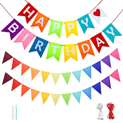 EQLEF Banner Happy Birthday, Wimpelkette aus Filz, Regenbogenfarben, Partydekoration, wasserdicht, für den Außenbereich, 3 Stück